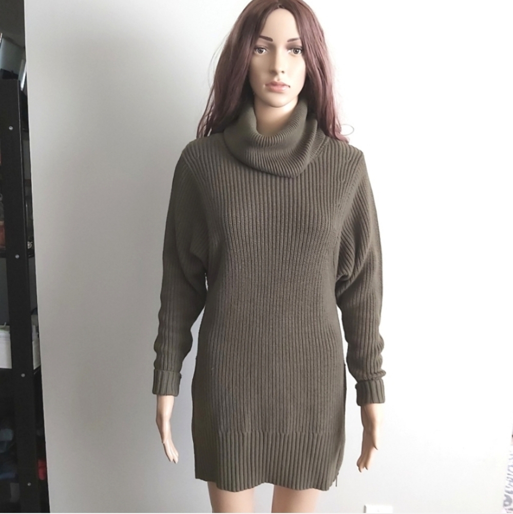 Banana Republic sweater green chunky knit dress cowl neck long line